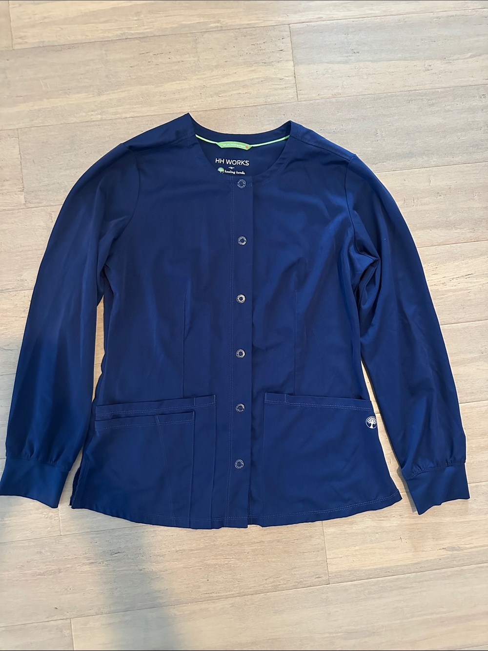 healing hands HH Works Navy Blue Medical Scrub Jacket. Snap Front, Pockets